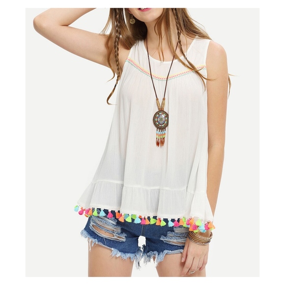 MBM Unlimited Tops - Off White Embroidered Sleeveless Pom Pom Blouse